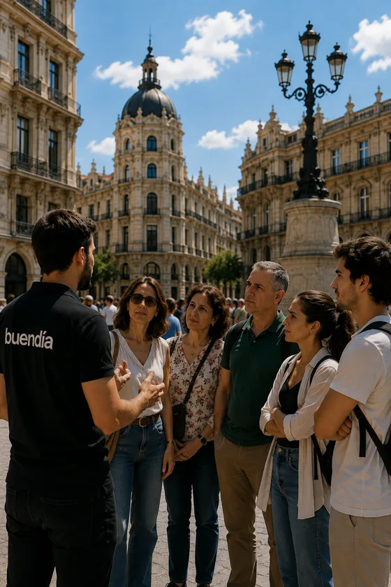 Guía de buendía con su grupo frente a un monumento
