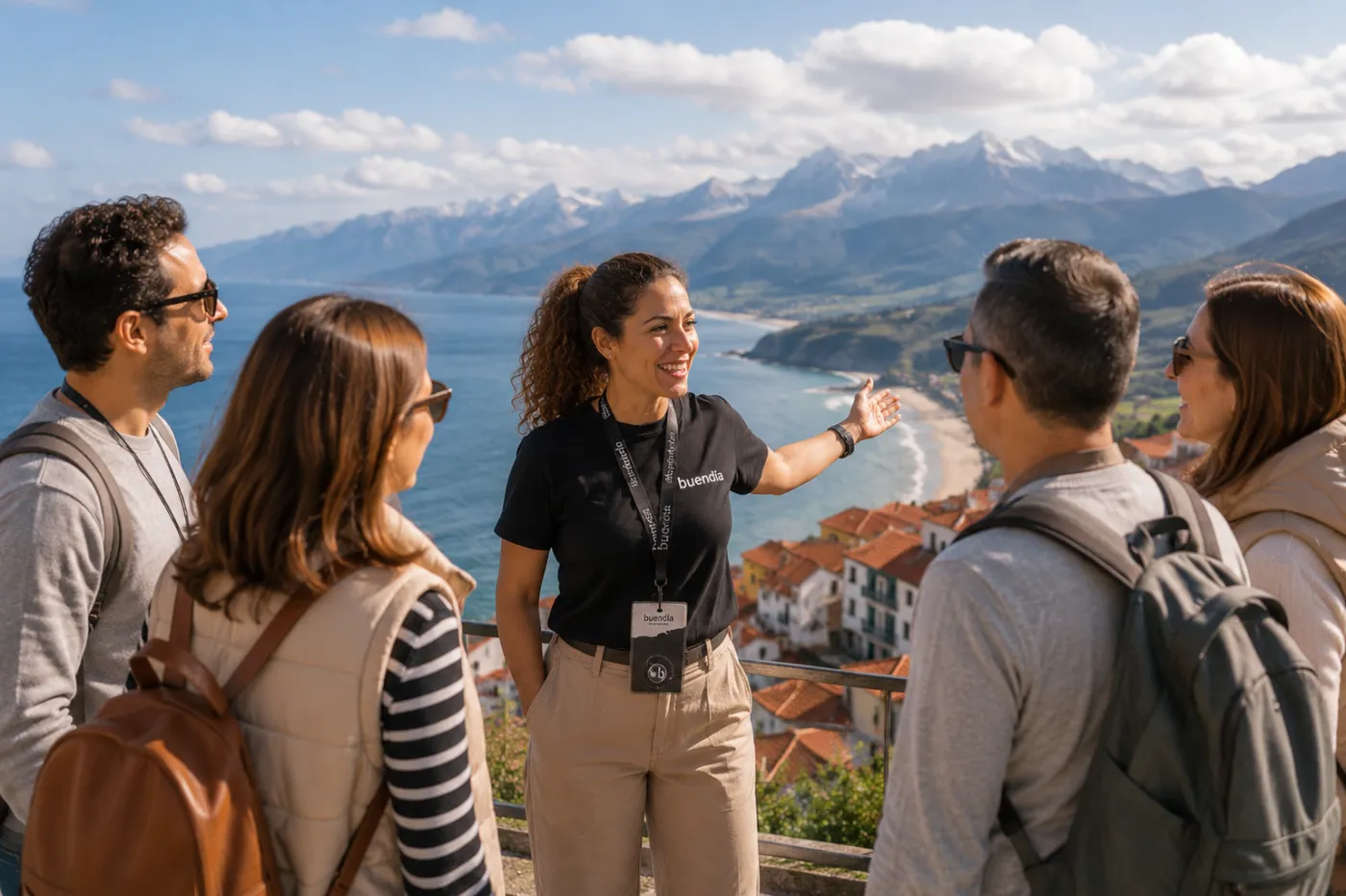 Guía de buendía señalando el destino a su grupo desde un mirador