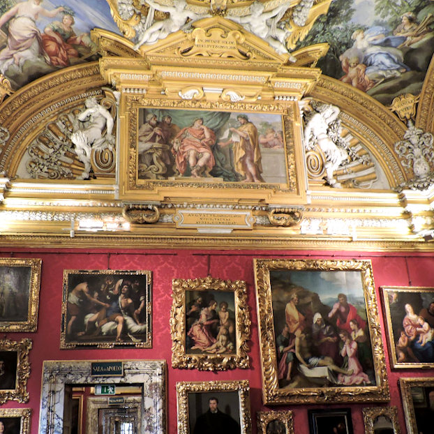 Sala del Palacio Pitti en Florencia con paredes rojas cubiertas de pinturas renacentistas en marcos dorados, techo decorado con frescos y molduras ornamentadas en oro.