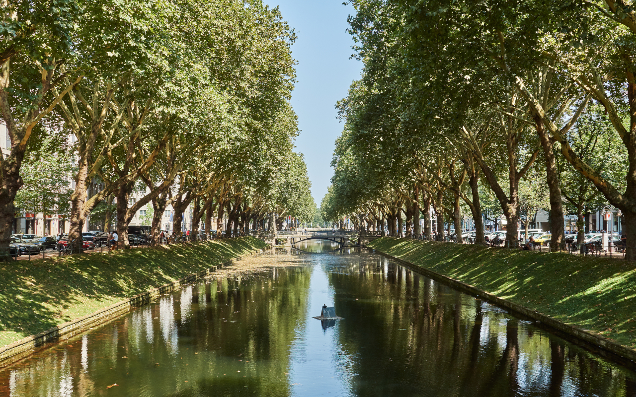 Königsallee, o calle del Rey, una de las avenidas más elegantes, famosas y señoriales de Düsseldorf.