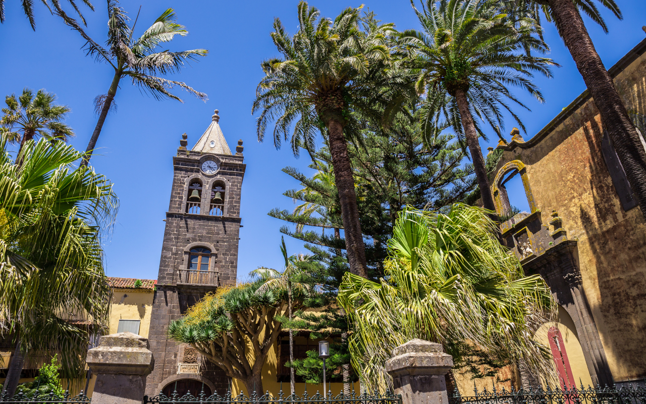 Antiguo Convento de Santo Domingo con palmeras y árboles en su jardín.