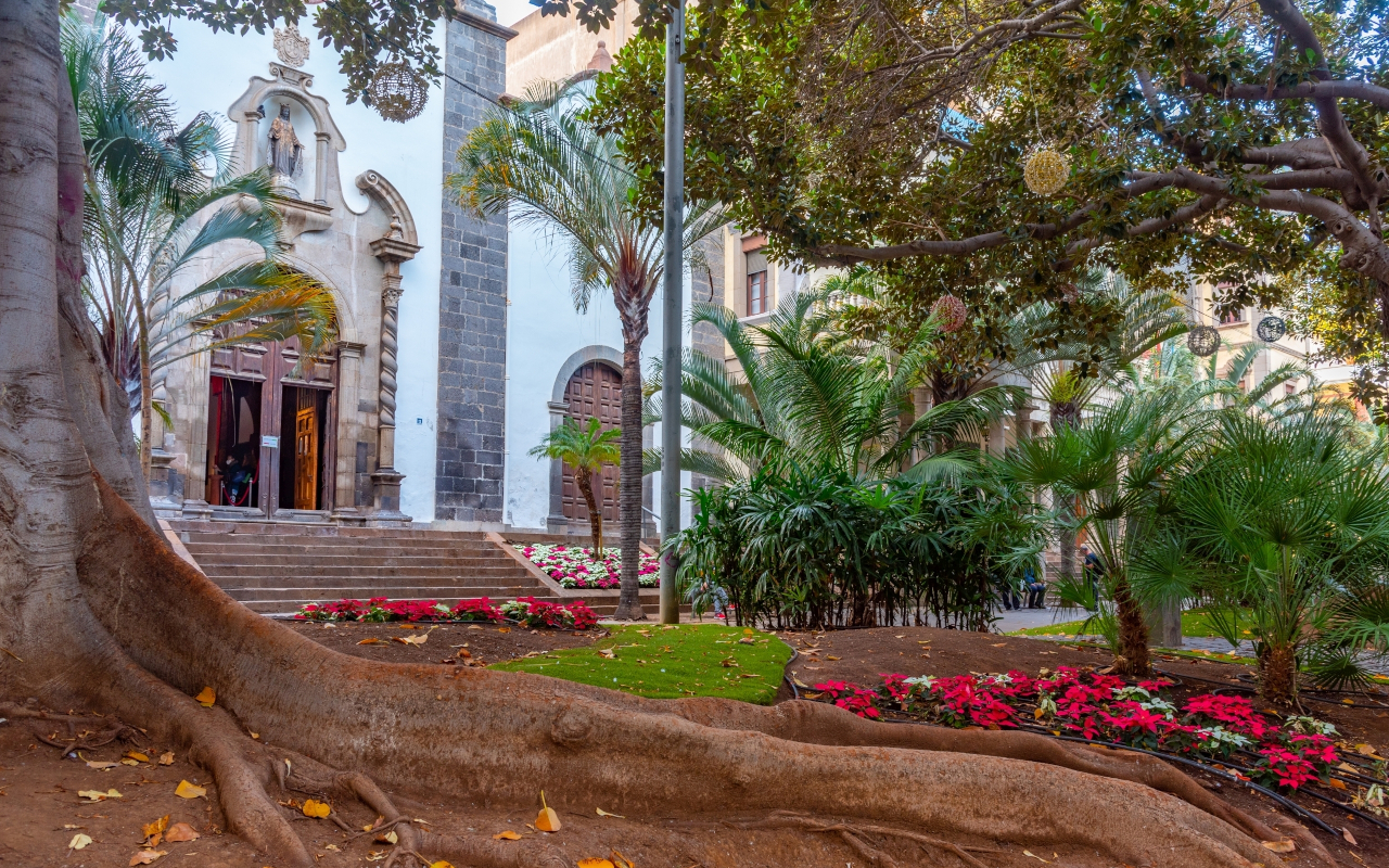 Plaza de San Francisco frente al portón de la blanca iglesia de San Francisco.