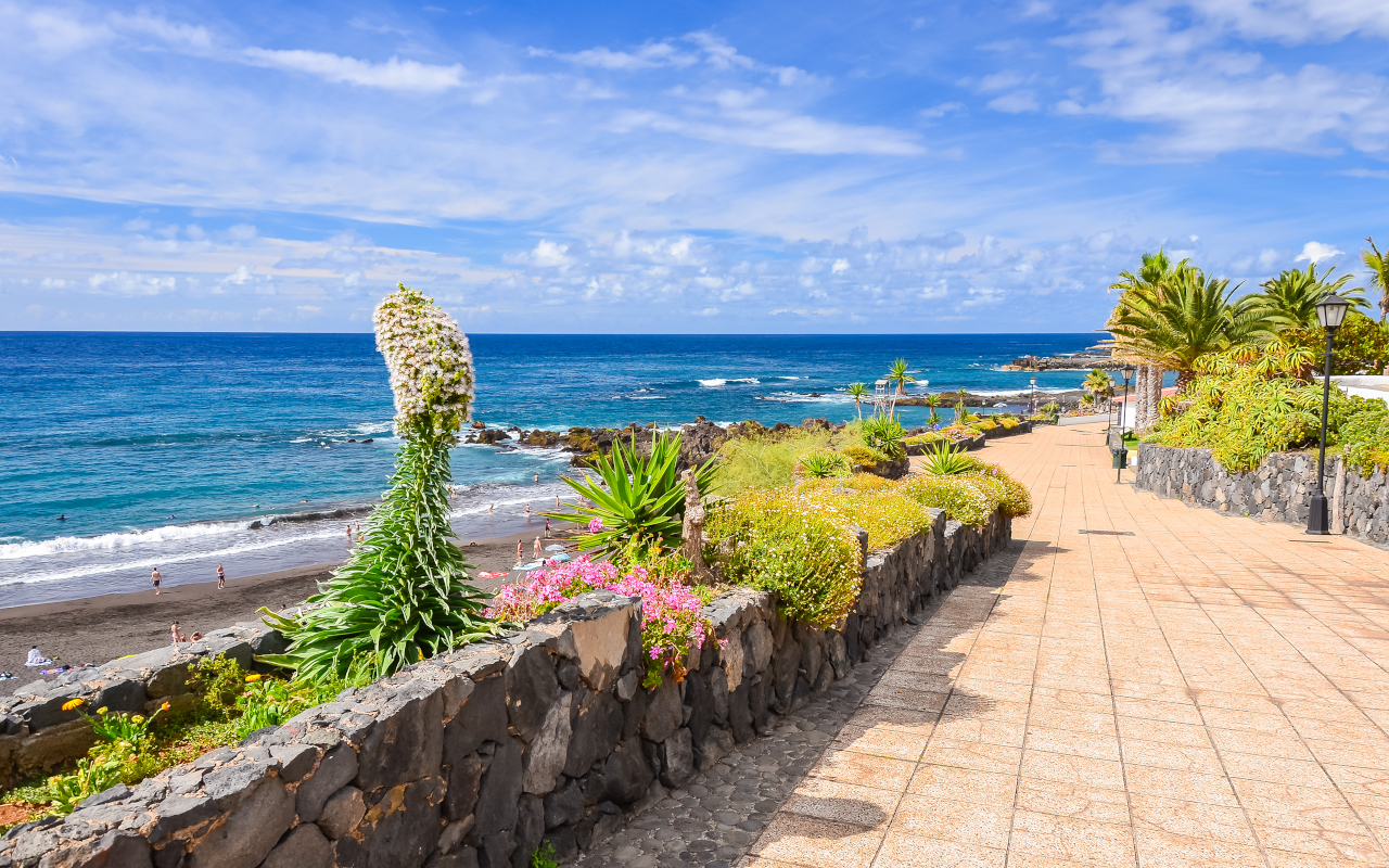 Paseo de la playa de Puerto de la Cruz, desde donde podrás apreciar, en el free tour, la arena volcánica de esta isla.