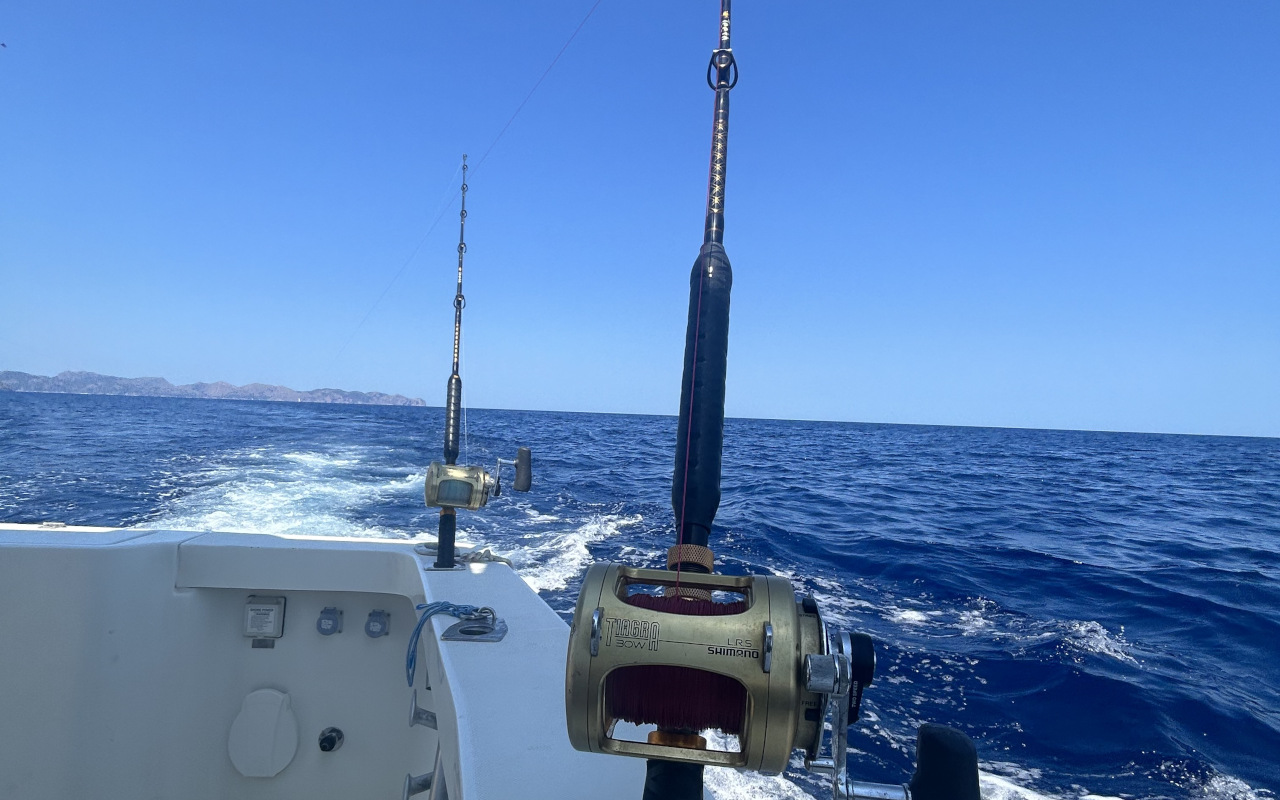 Cañas de pesca a bordo del barco que te lleva por el Mediterráneo durante esta experiencia de pesca en la isla de Mallorca.
