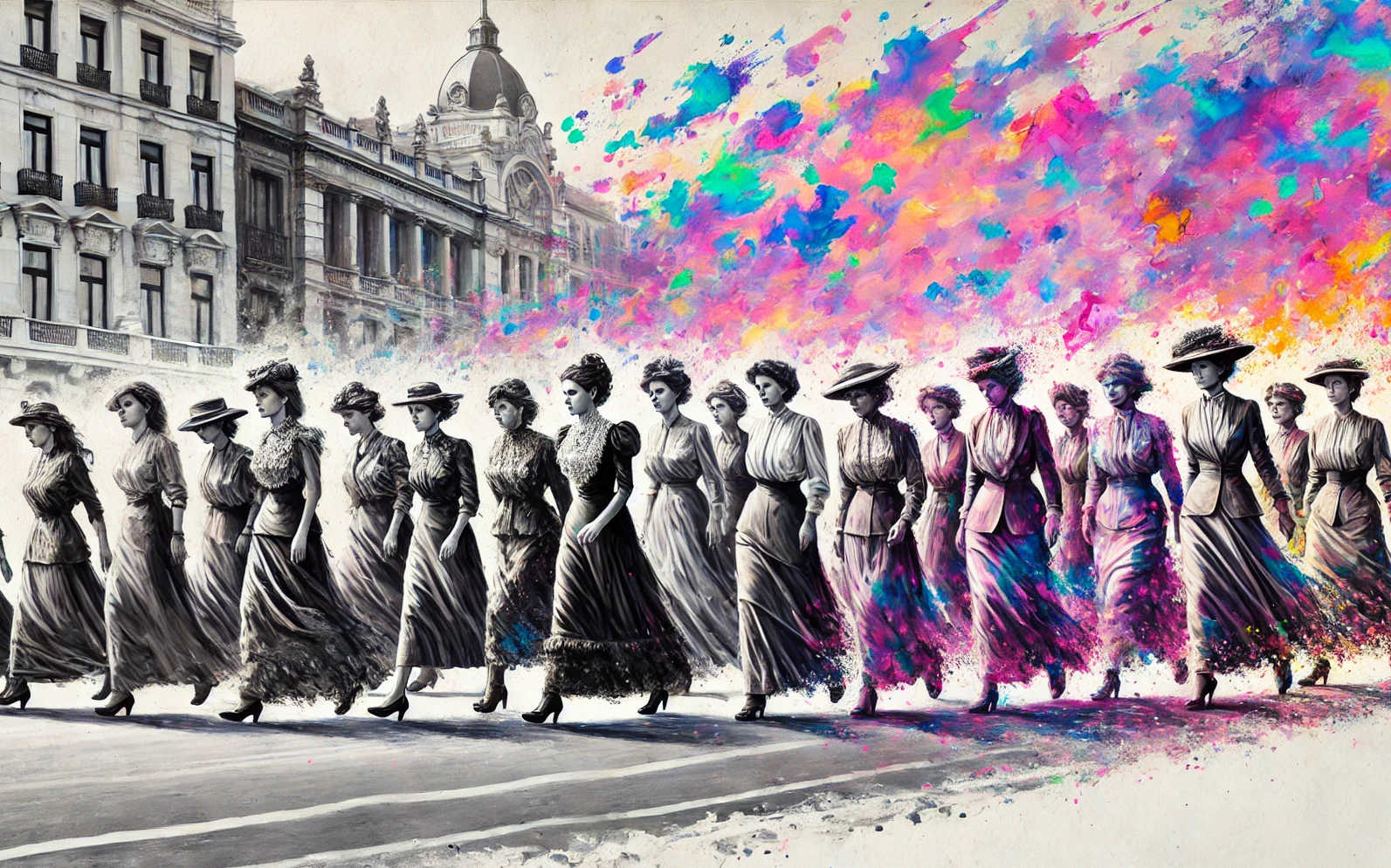 Grupo de mujeres protagonizando una lucha en las calles de Madrid en blanco y negro.