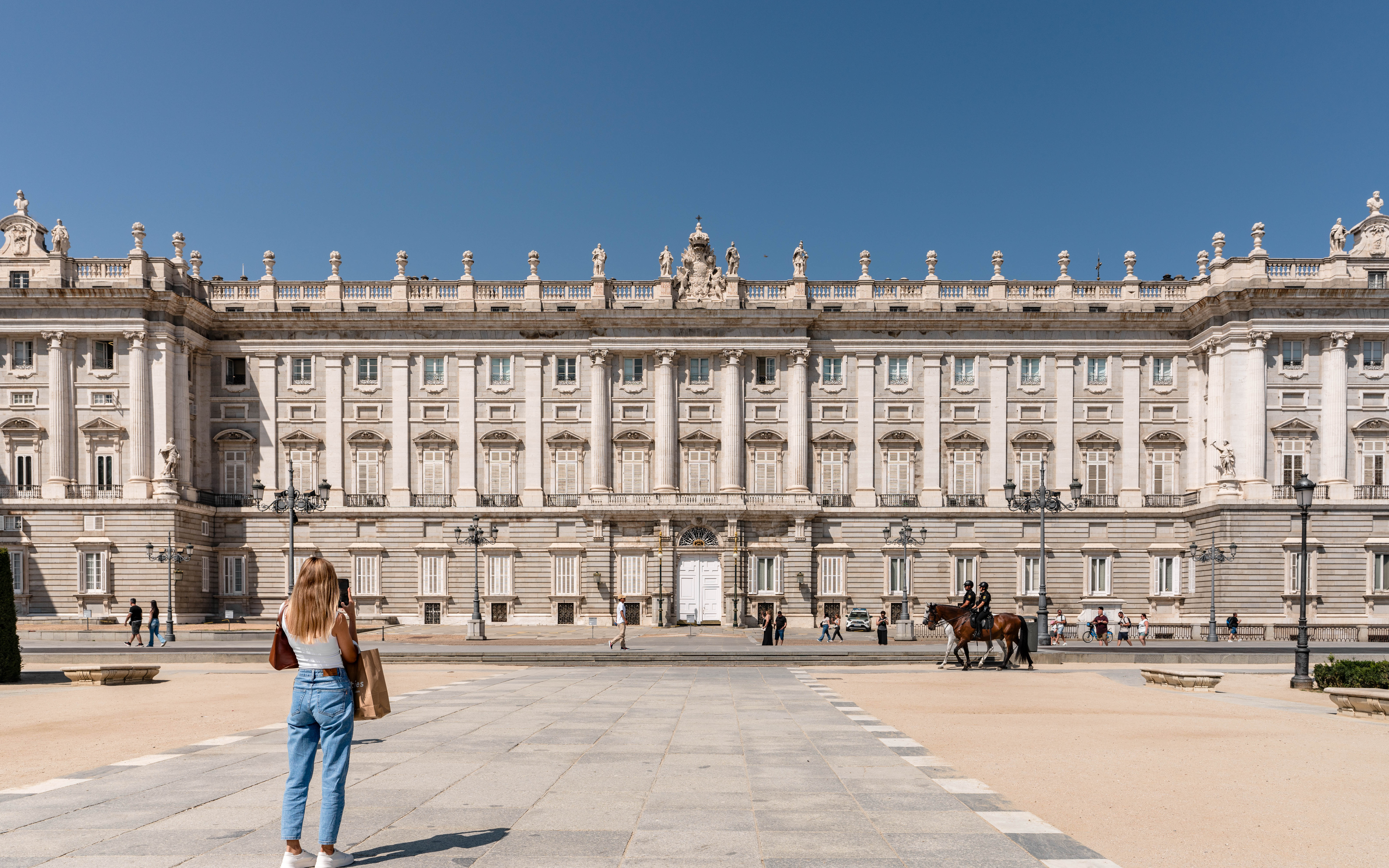 Facade of the Royal Palace of Madrid, one of the largest monarchical palaces in Western Europe.