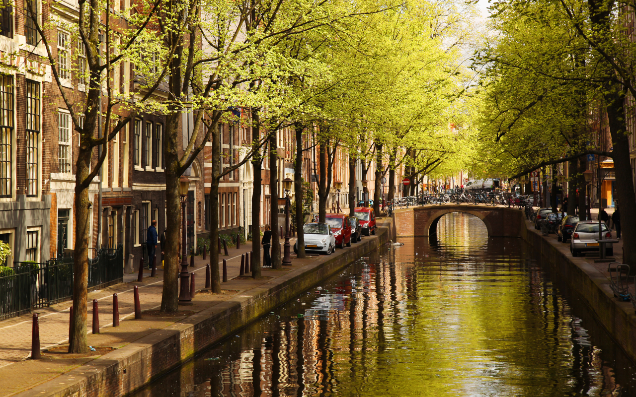 Foto de los canales de Ámsterdam con puentes cruzados