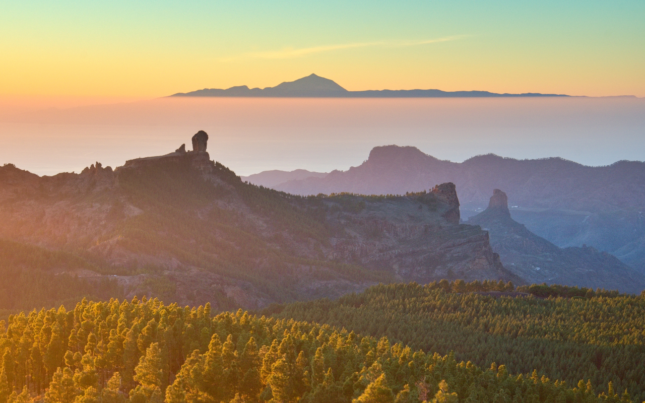 View of Mount Teide over the sea in Tenerife.