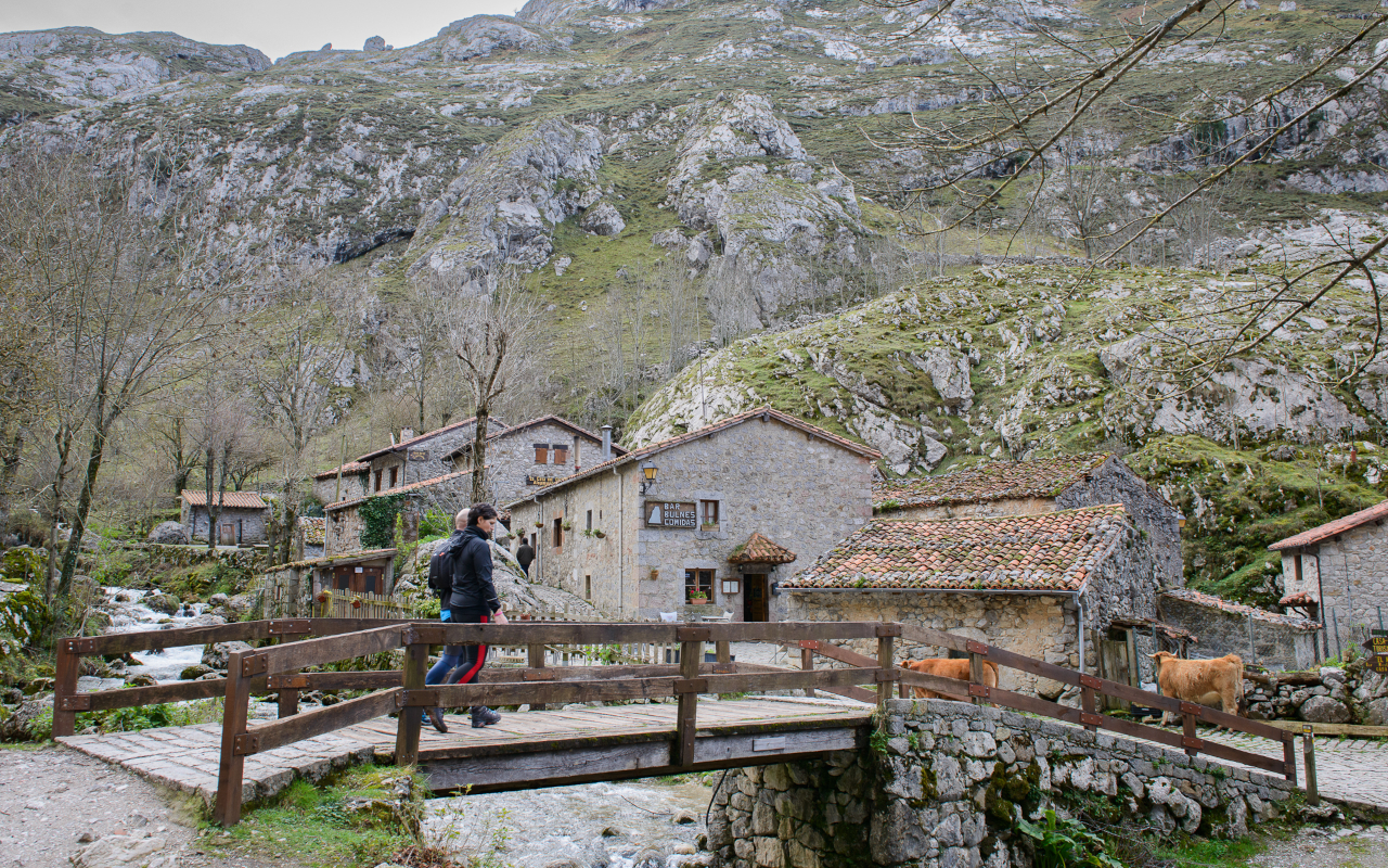 The village of Bulnes, in the Picos de Europa, with stone houses.