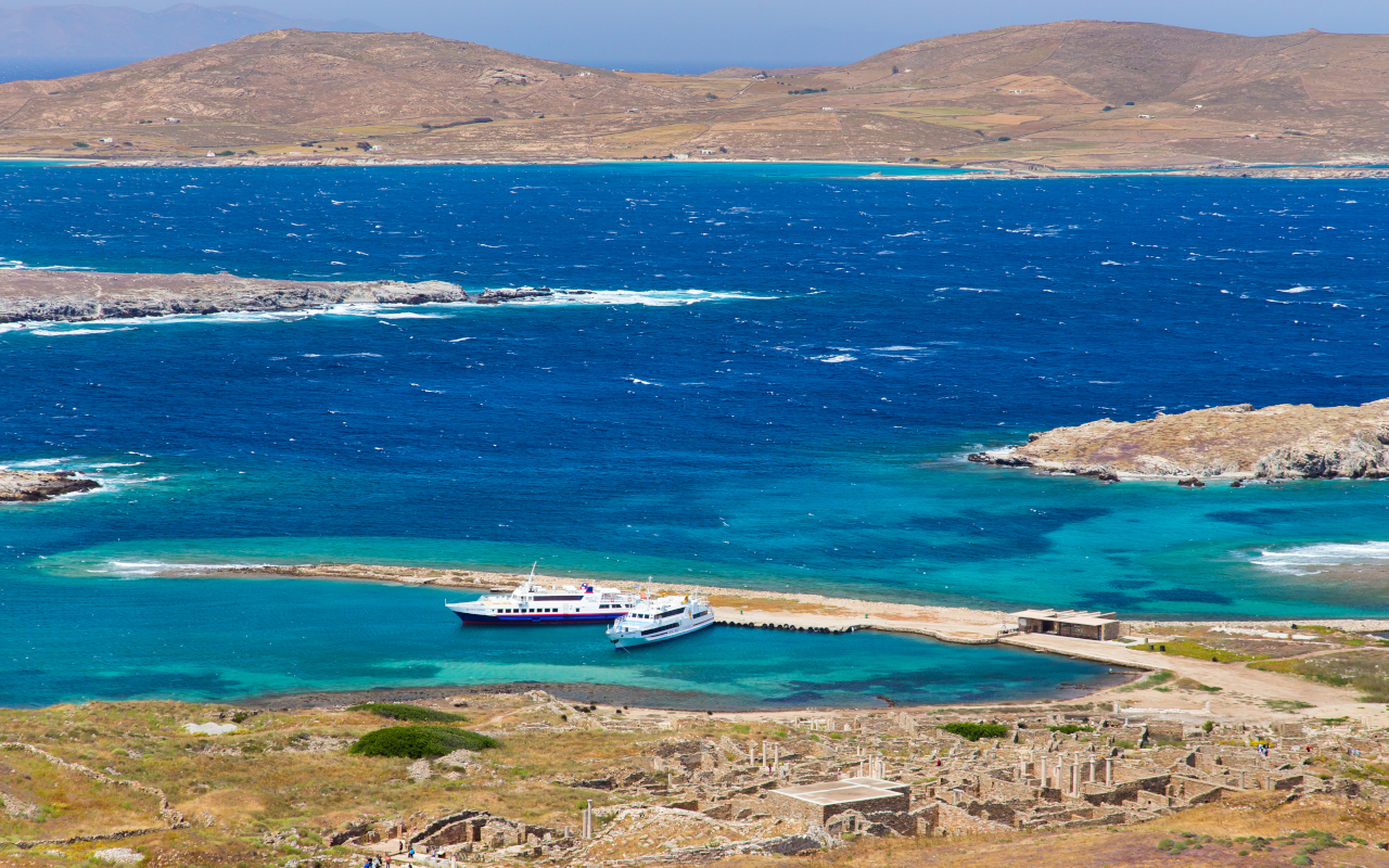 Vista panorámica de la costa de Delos, Mykonos