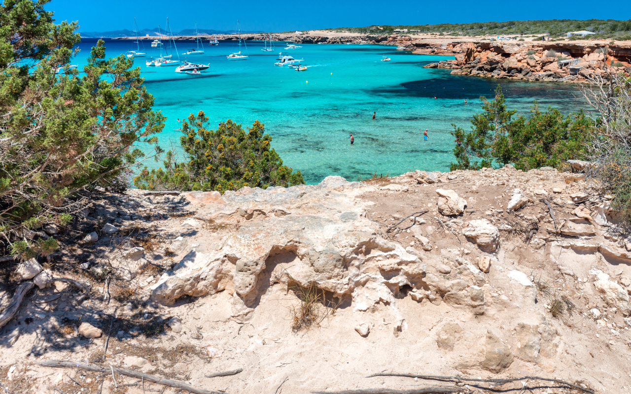 Barcos en Cala Saona en una imagen vista desde tierra firme.