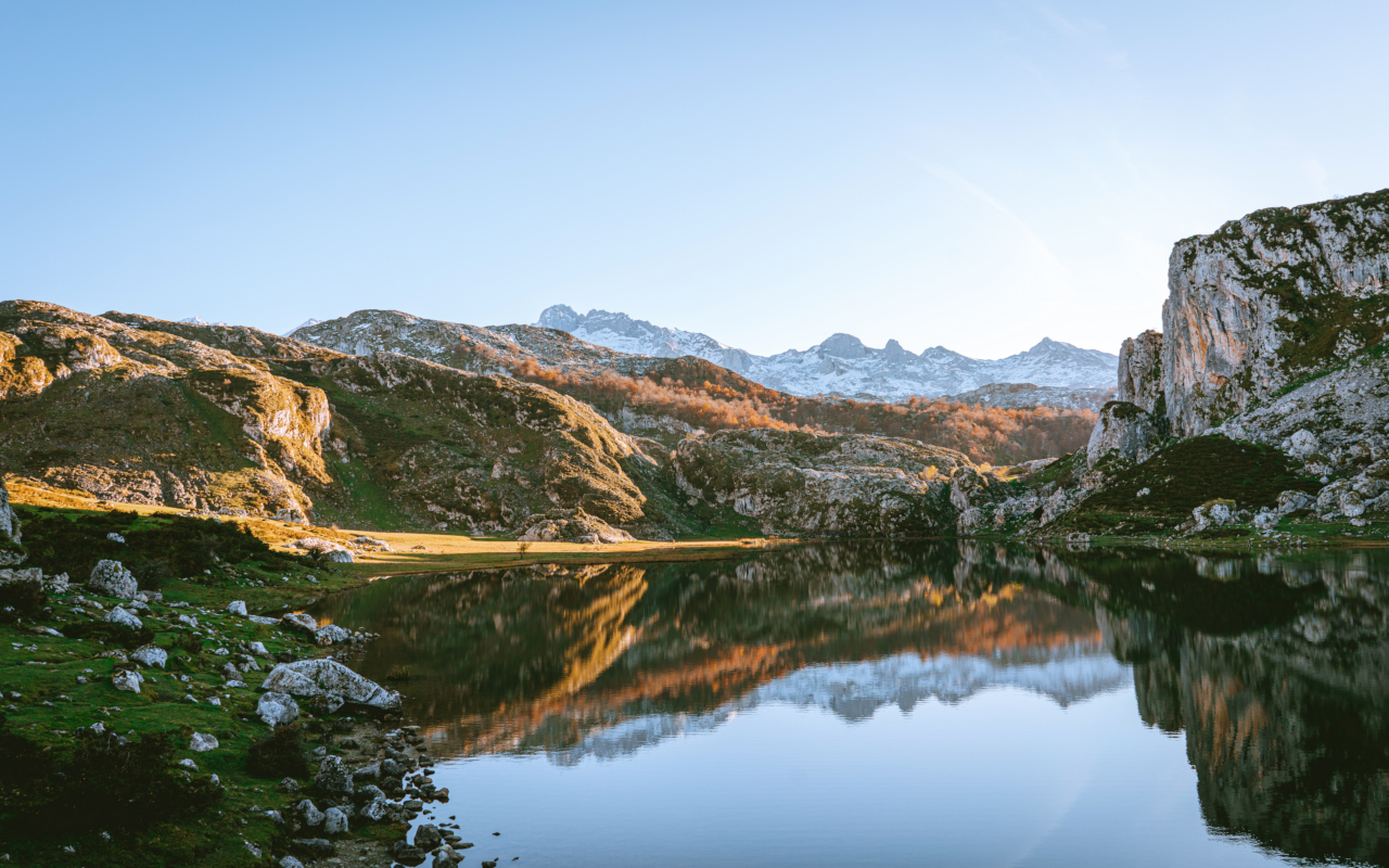 Scenic panoramic view of the Lakes of Covadonga in the Picos de Europa, Asturias.
