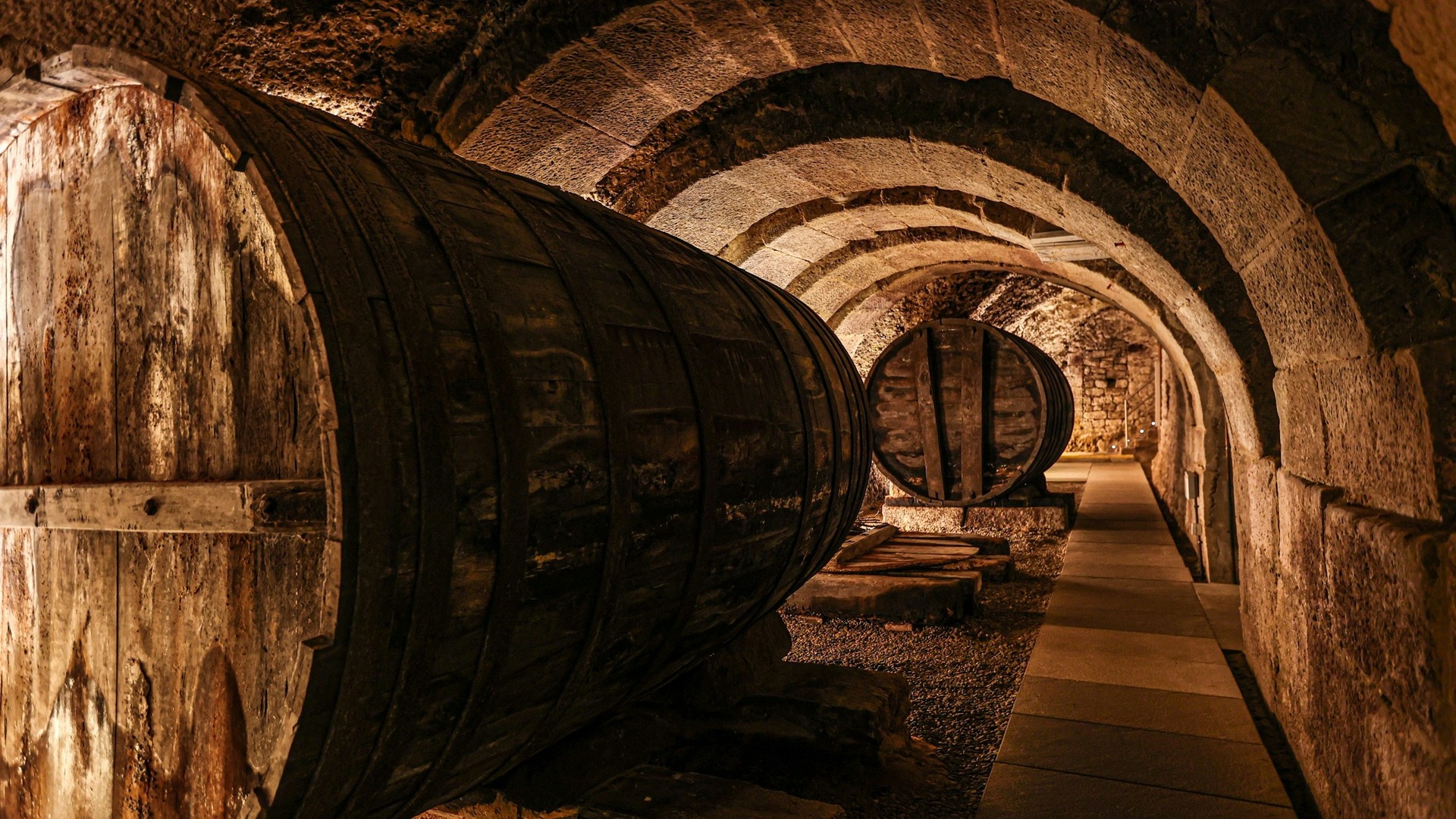 Calado subterráneo con barricas antiguas de vino