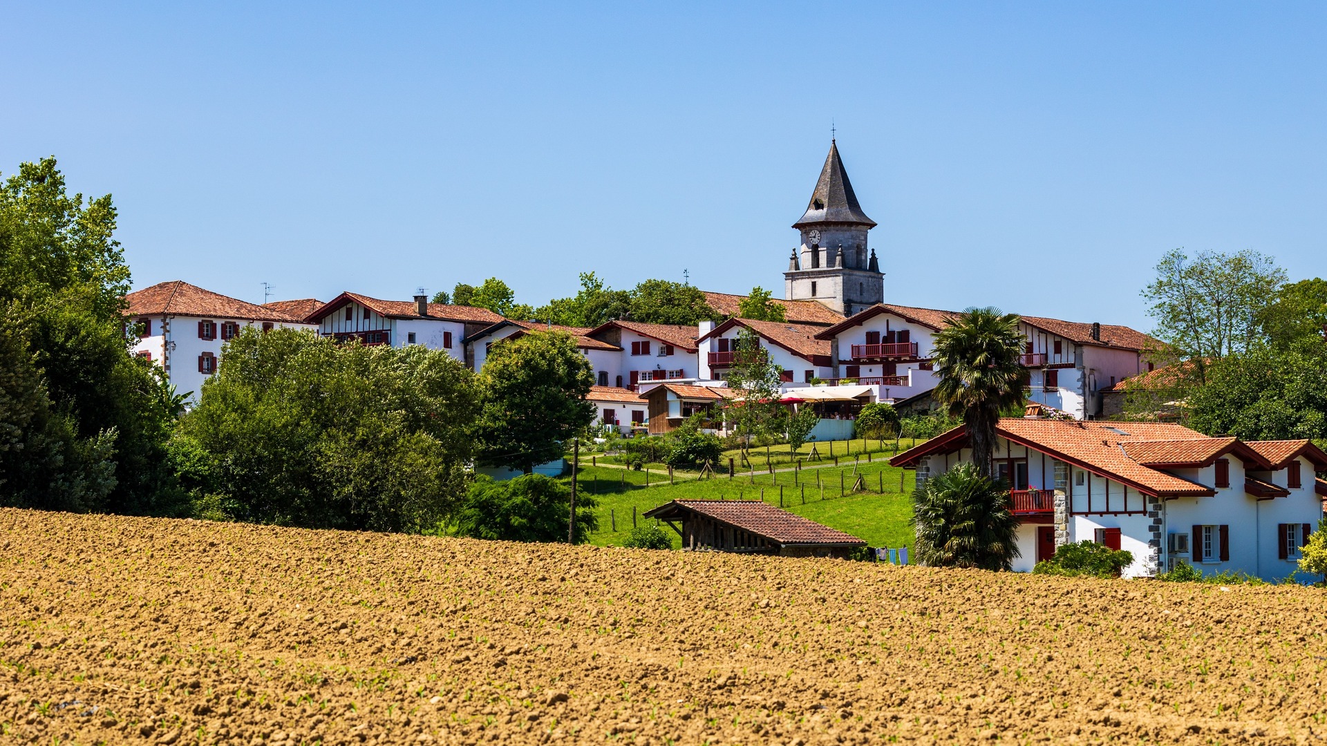 Pueblo de Bera con casas blancas y tejados rojos, rodeado de campos y la torre de su iglesia al fondo.