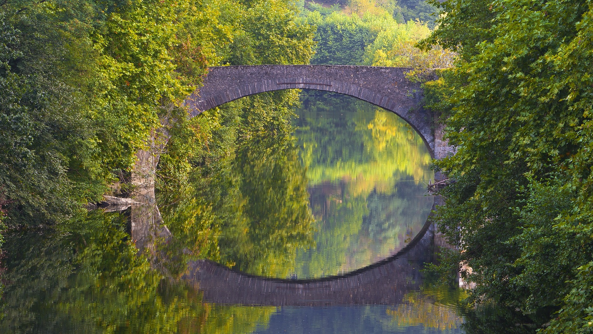 Puente de piedra reflejado en el río rodeado de vegetación en Bera, creando un arco perfecto.