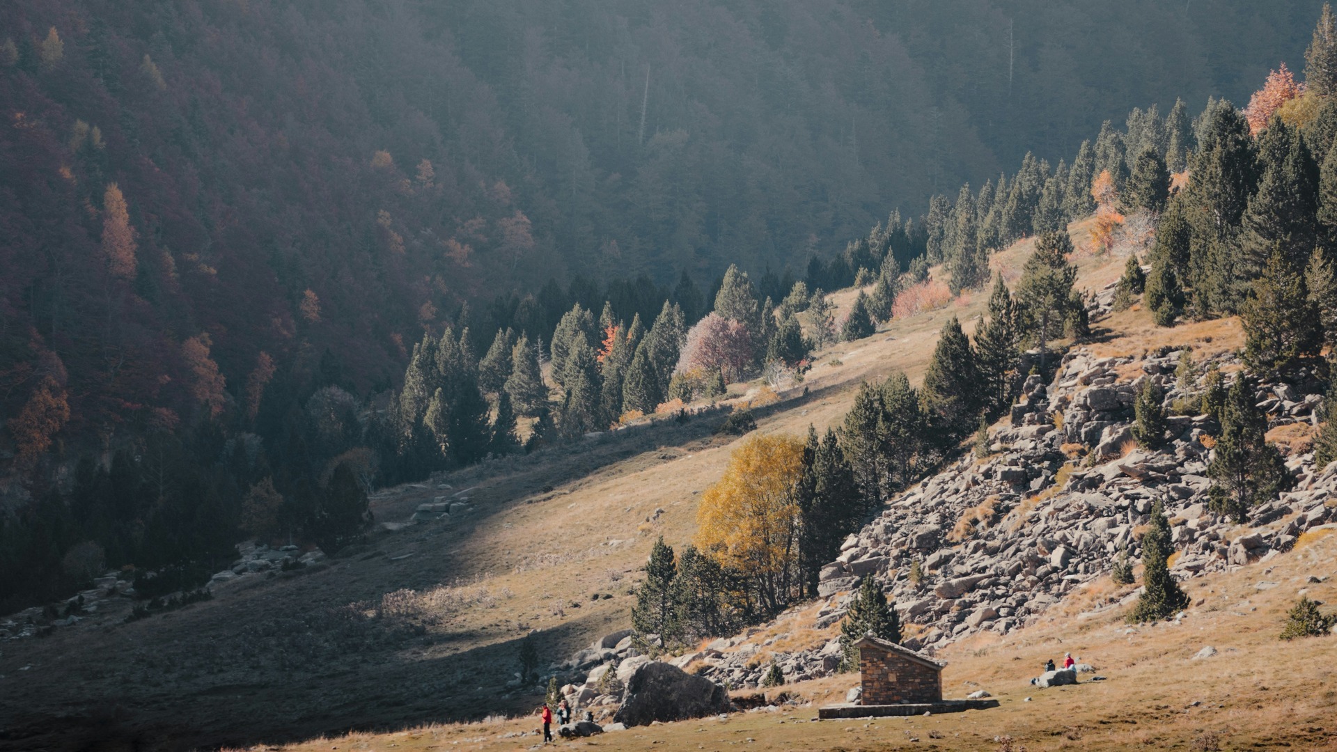 Valle y cabaña de piedra en Aínsa, Huesca.