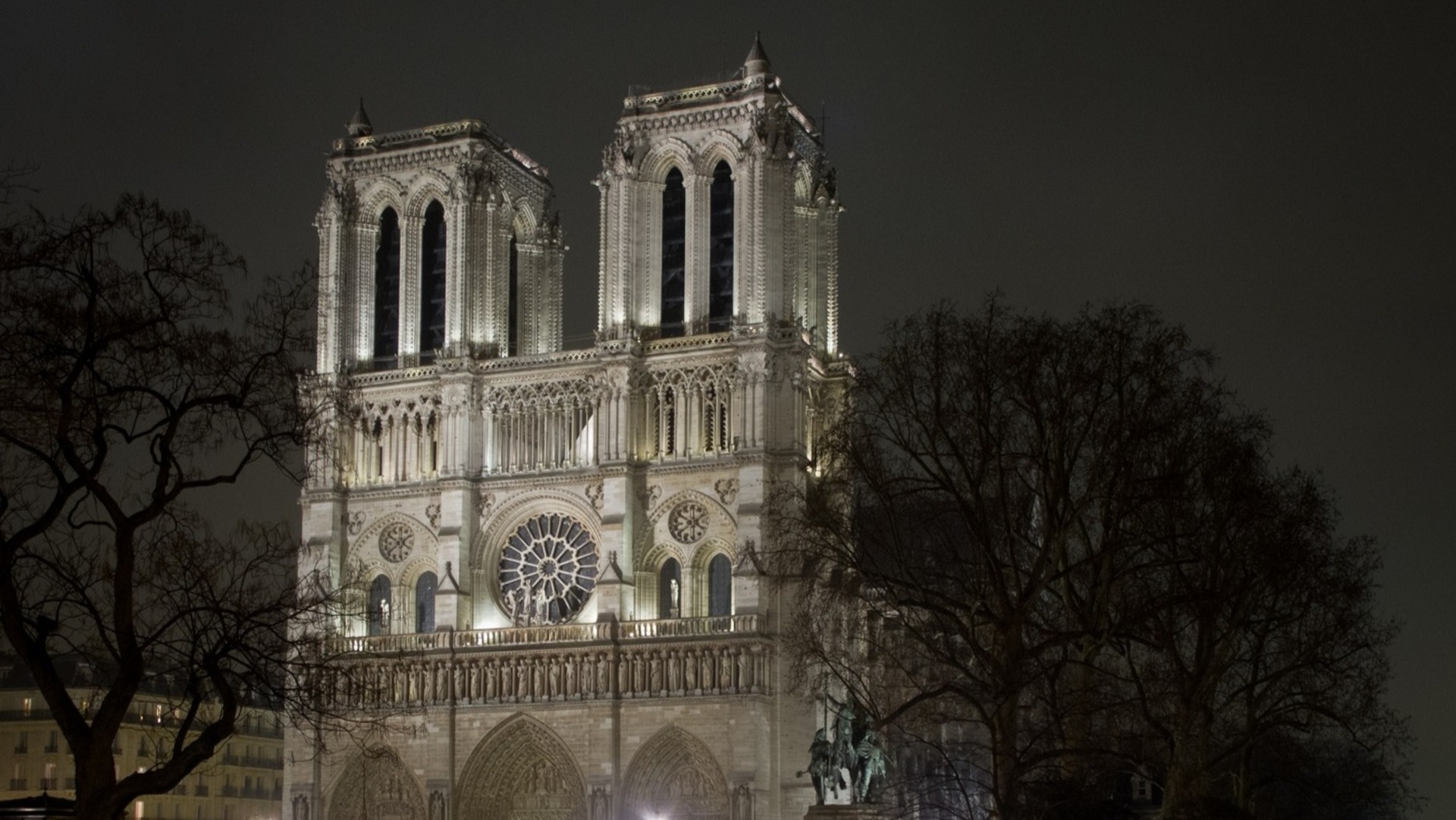 Fachada de la Catedral de Notre Dame iluminada de noche entre árboles en París.