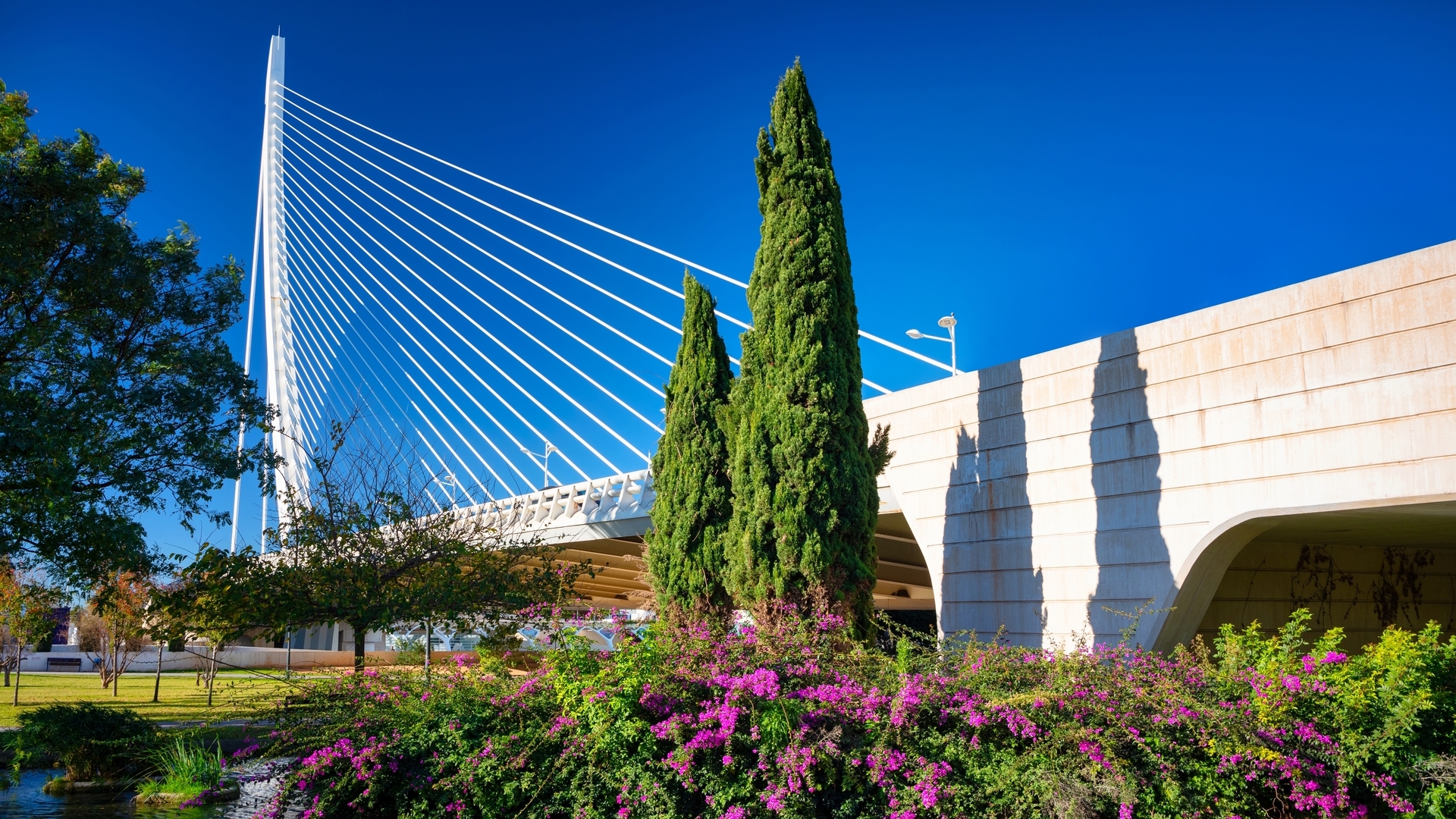 Puente de l’Assut d’Or entre jardines floridos del parque Turia en Valencia