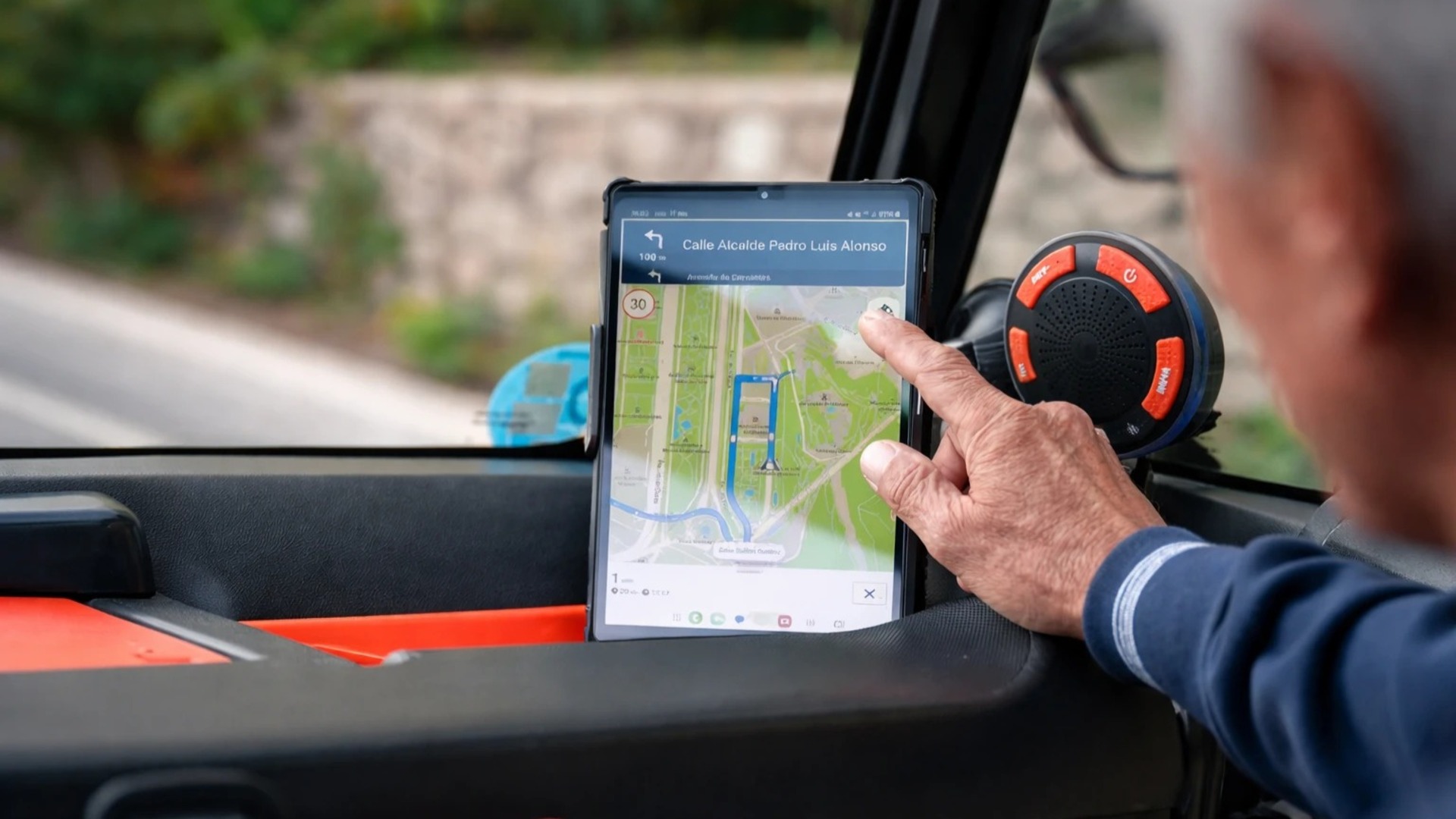 Turista consultando la ruta digital en una tablet dentro del coche en Málaga.