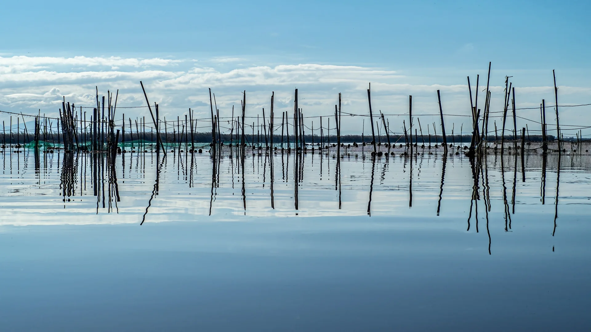 Redes de pesca tradicionales reflejadas en el agua de la Albufera de Valencia.