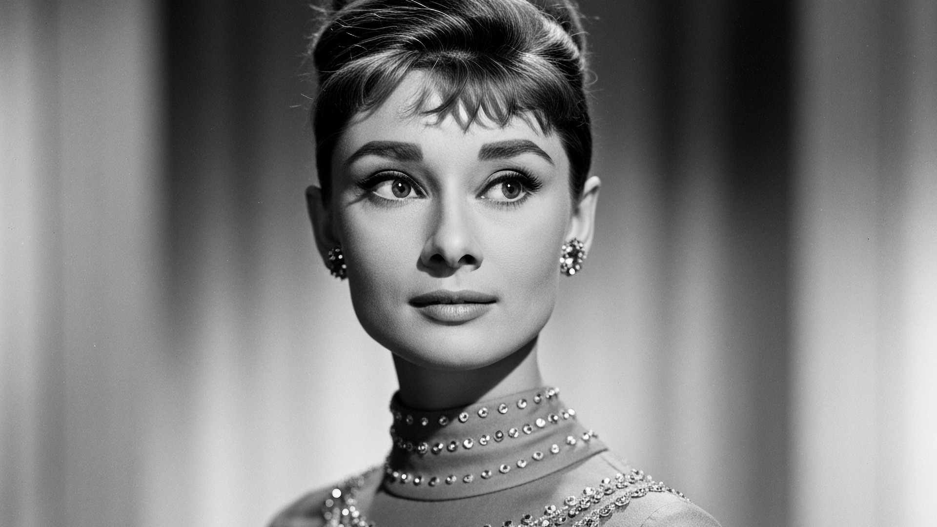Retrato de Audrey Hepburn con moño y vestido de gala en un estudio de Bruselas
