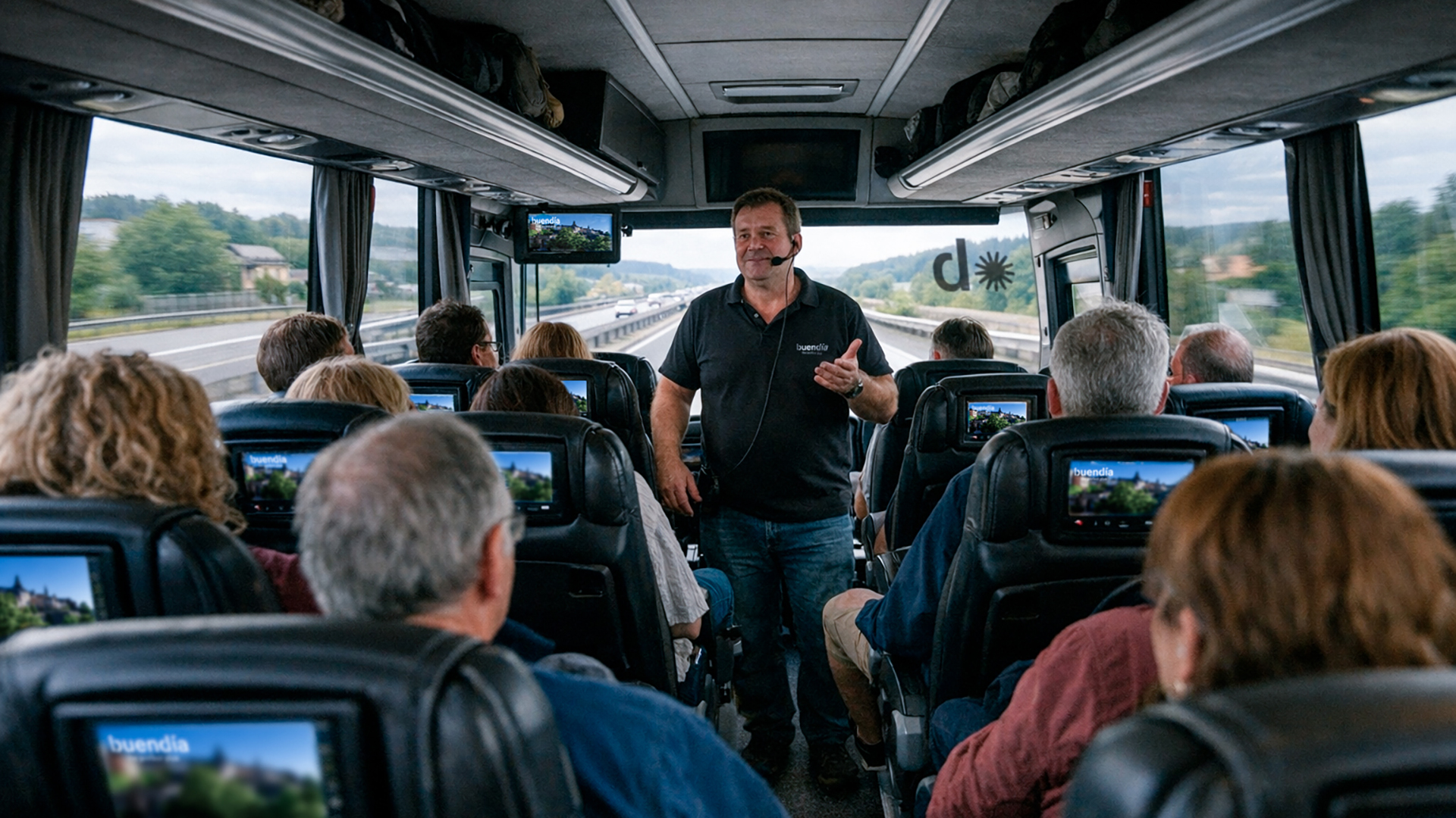 Guía turístico de buendía hablando a los pasajeros dentro del autobús.