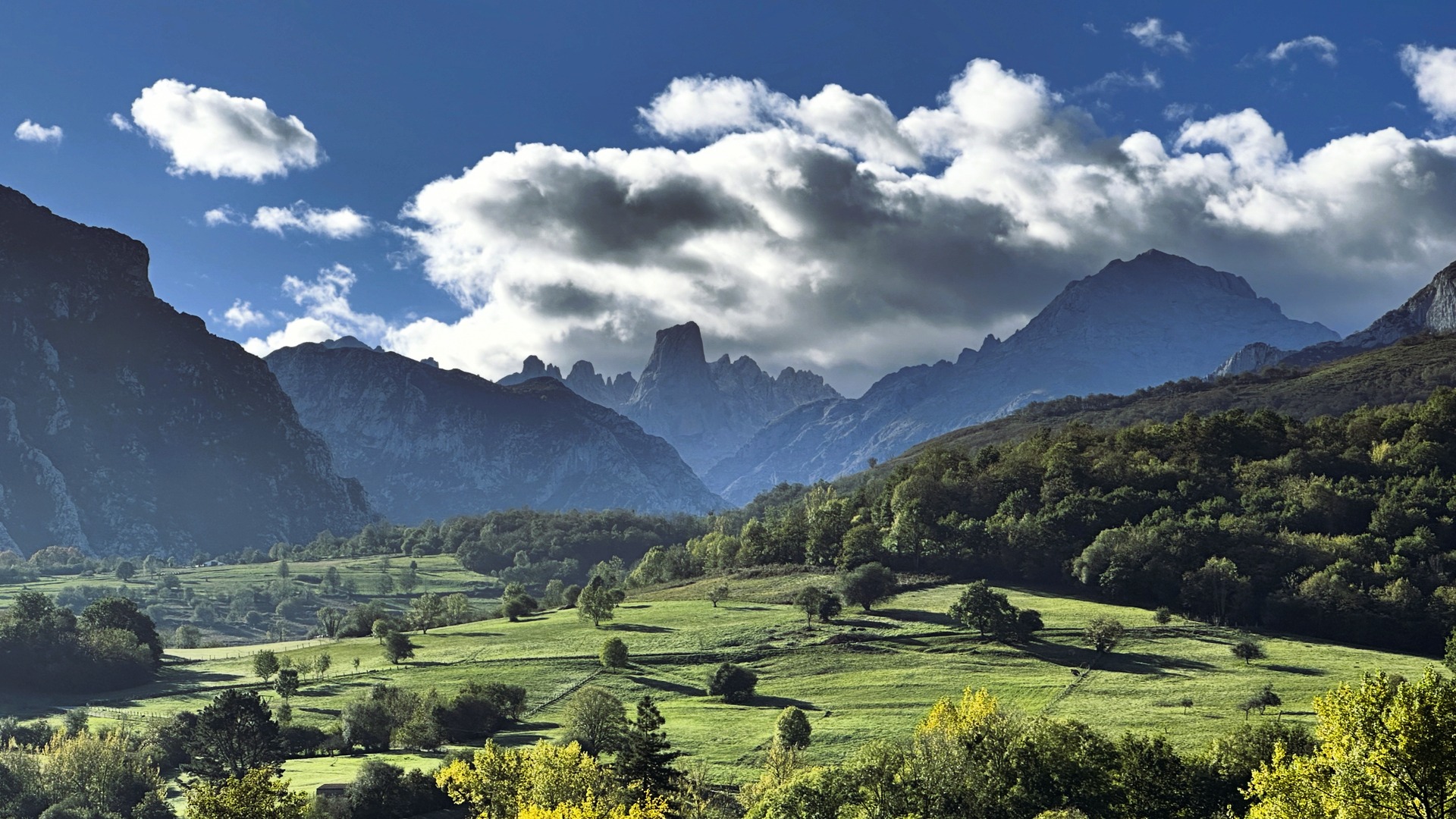 Vistas del Naranjo de Bulnes y prados verdes en los Picos de Europa, Asturias
