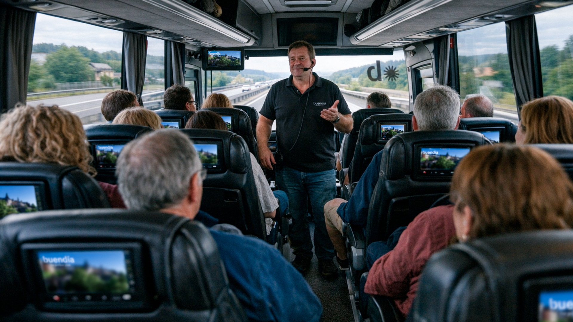 Guía explicando a viajeros en el interior de un autobús de buendía