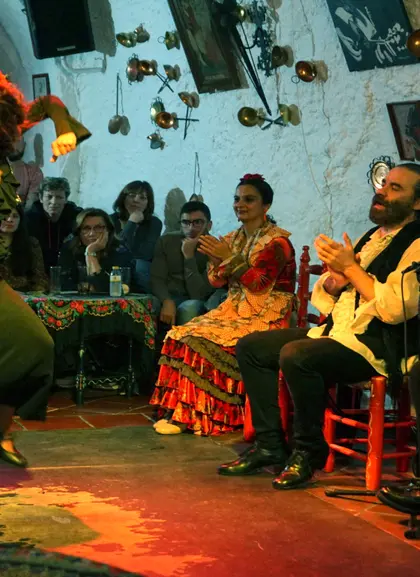 Grupo de flamenco en un espectáculo en vivo en Granada.