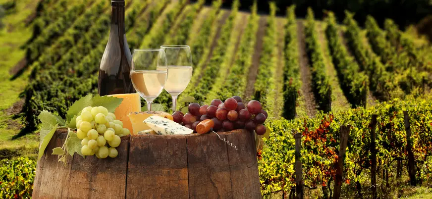 Vino blanco con copas, uvas y queso sobre barril en viñedo de la Toscana, Italia.