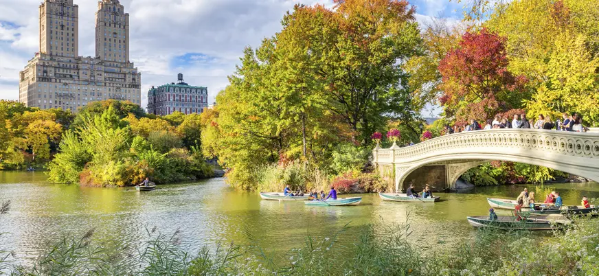 Puente Bow Bridge en Central Park durante el otoño en Nueva York, Estados Unidos