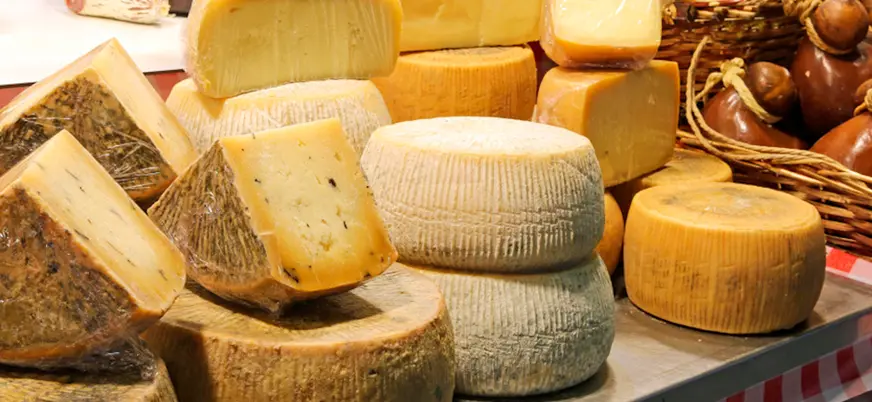 Variedad de quesos artesanales italianos en un mercado, con piezas enteras y cortes que muestran diferentes texturas y colores sobre una mesa con mantel a cuadros.