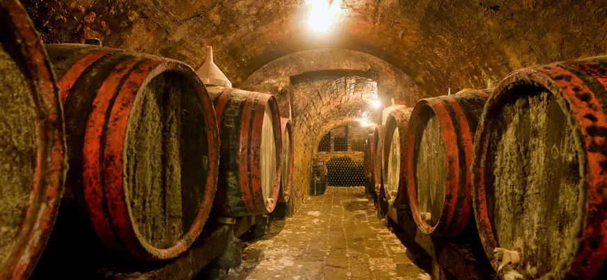Bodega tradicional de La Rioja con barricas antiguas en cueva subterránea