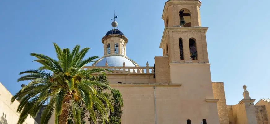 Catedral de San Nicolás con cúpula azul y palmera en el centro de Alicante