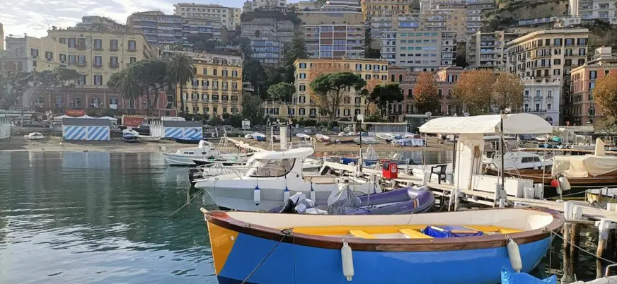 Vista del puerto con embarcaciones tradicionales y la ciudad de fondo