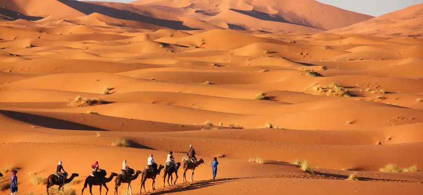 Paseo en camello al atardecer en el desierto de Merzouga, Marruecos