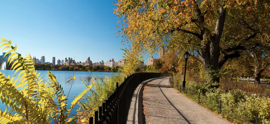 Sendero junto al lago en Central Park en otoño, Nueva York, Estados Unidos