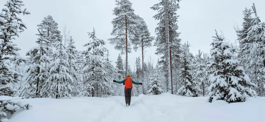 Persona caminando por un sendero nevado en medio de un bosque cubierto de nieve, con mochila naranja y ropa de invierno, en un paisaje invernal ártico.