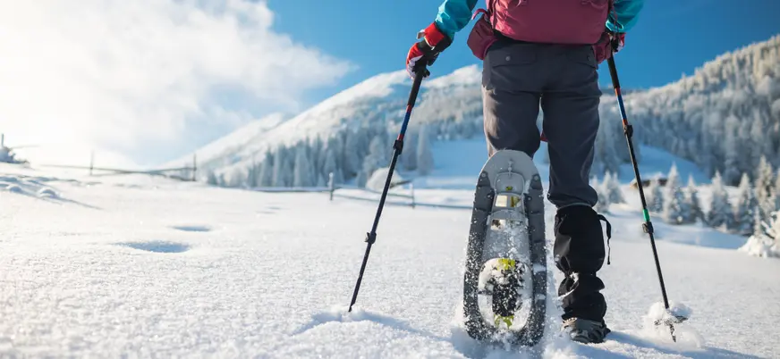 Persona con raquetas de nieve y bastones caminando sobre un paisaje nevado, con montañas y árboles cubiertos de nieve al fondo.