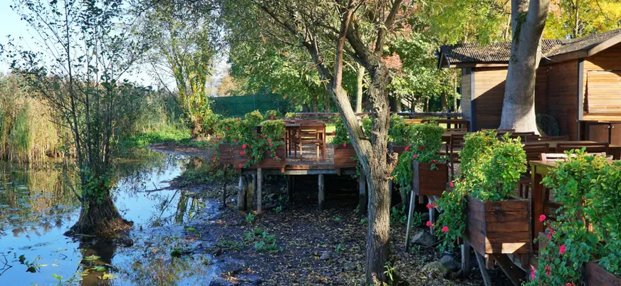 Terrazas de madera junto al agua en entorno natural de Maşukiye, Turquía