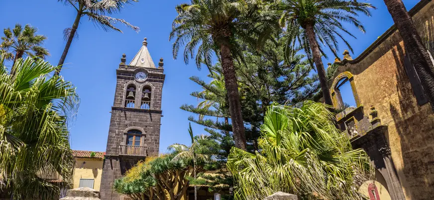 Antiguo Convento de Santo Domingo con palmeras y árboles en su jardín.