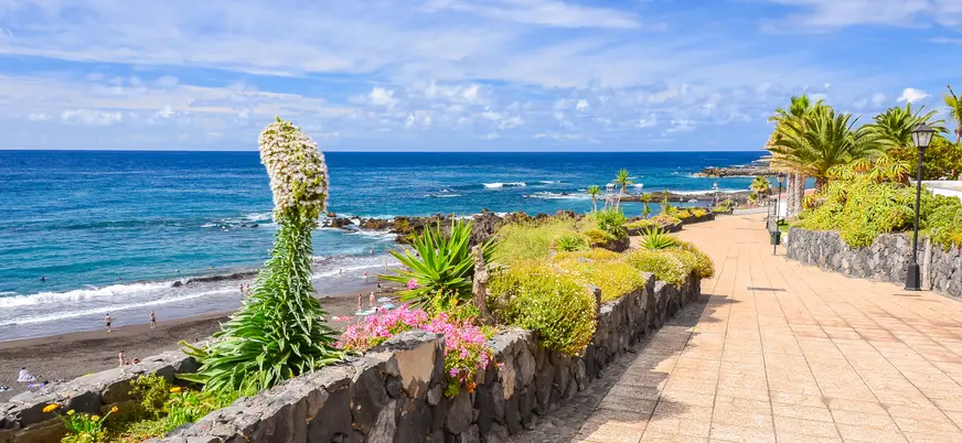 Paseo de la playa de Puerto de la Cruz, desde donde podrás apreciar, en el free tour, la arena volcánica de esta isla.
