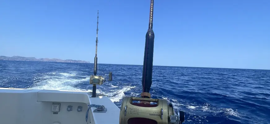 Cañas de pesca a bordo del barco que te lleva por el Mediterráneo durante esta experiencia de pesca en la isla de Mallorca.