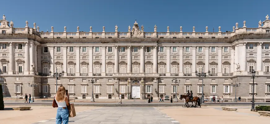 Facade of the Royal Palace of Madrid, one of the largest monarchical palaces in Western Europe.