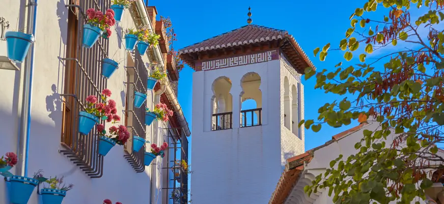 ista del Albaicín de Granada, con sus casas encaladas y callejuelas empedradas, reflejando la herencia andalusí del barrio.