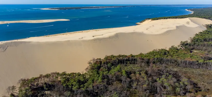 Vista aérea de la imponente Duna de Pilat y su vegetación.