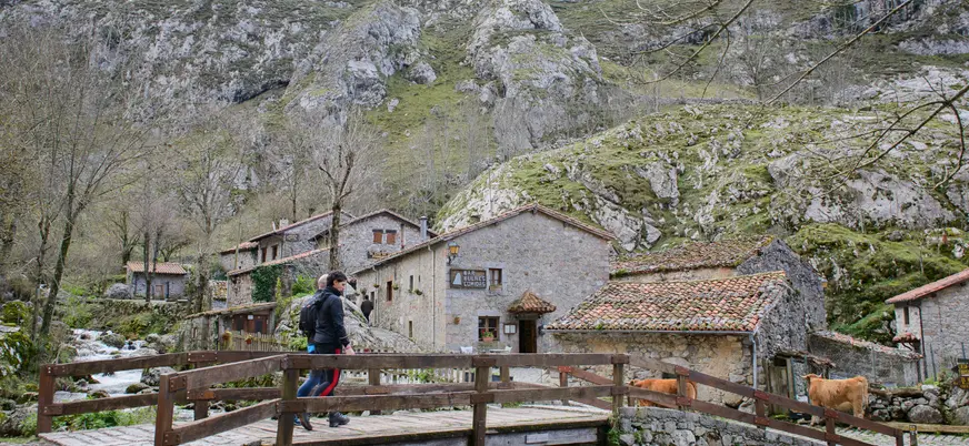 The village of Bulnes, in the Picos de Europa, with stone houses.