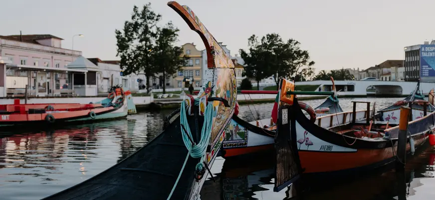 Barcos moliceiros atracados en los canales de Aveiro al atardecer.