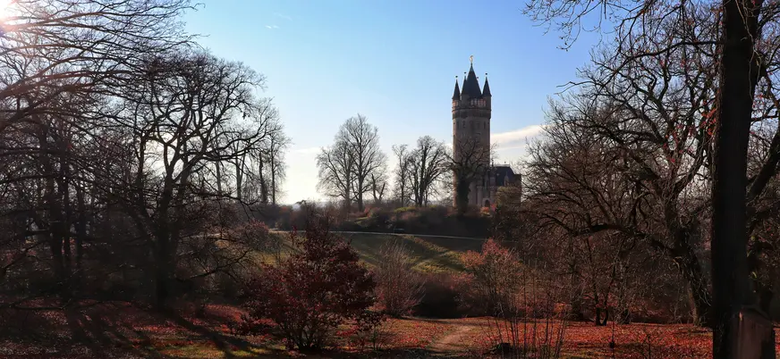 Torre Flatow (Flatowturm) con arquitectura neogótica, vista desde el Parque Babelsberg en Potsdam al atardecer.