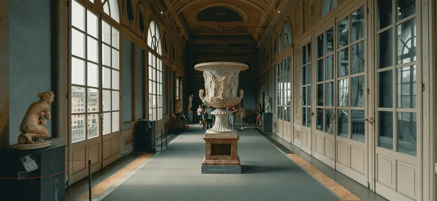 Galería interior del museo Uffizi en Florencia, Italia, con grandes ventanales, esculturas clásicas y una urna decorativa en el centro del pasillo iluminado.